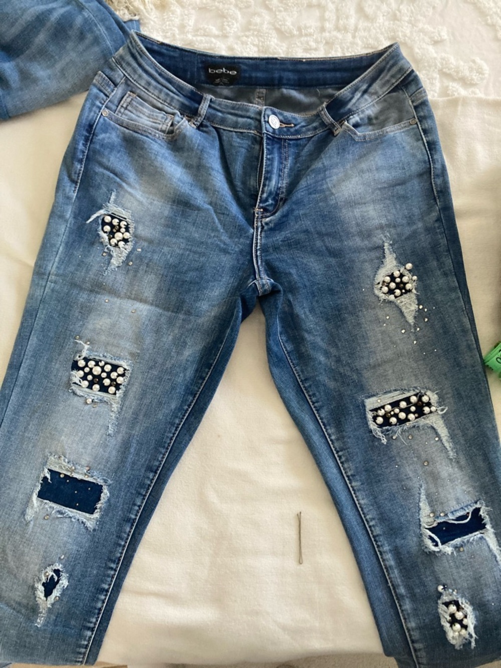 bebe Women's Blue Distressed Boyfriend Jeans with Pearl Accents